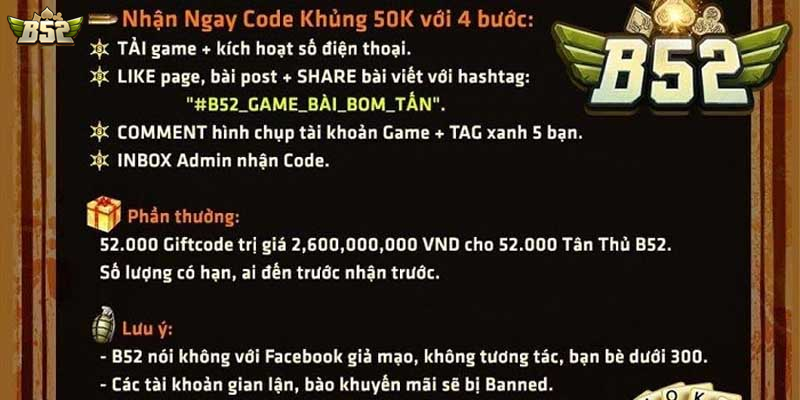 Nhận 52.000 Giftcode B52 Club miễn phí để thử nghiệm trải nghiệm cá cược