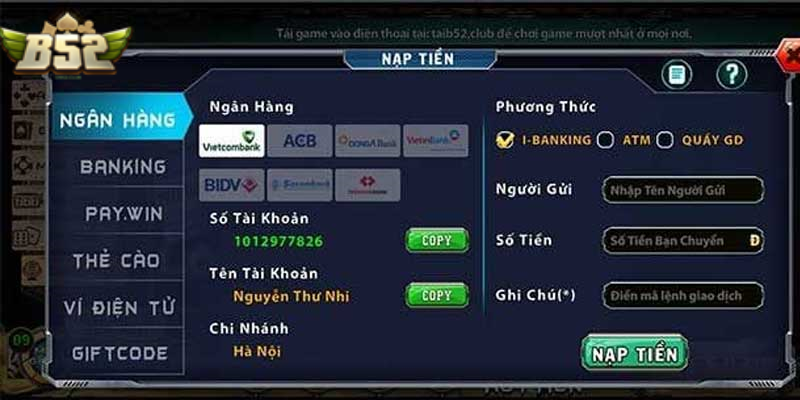 Nạp tiền qua ngân hàng